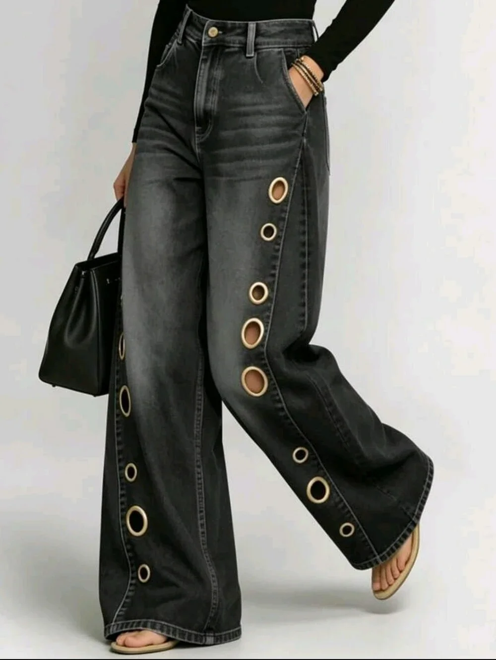 Wide Leg Black Jeans with Gold Eyelet Detail - Picture 5 of 6